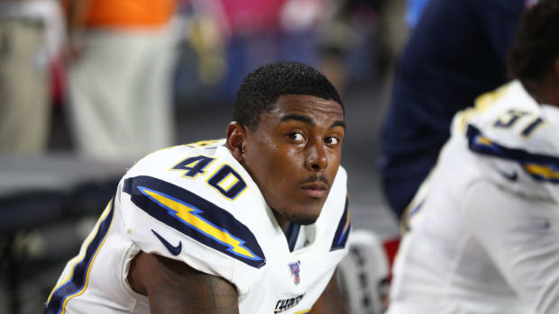 Aug 8, 2019; Glendale, AZ, USA; Los Angeles Chargers linebacker Chris Peace (40) against the Arizona Cardinals during a preseason game at State Farm Stadium.